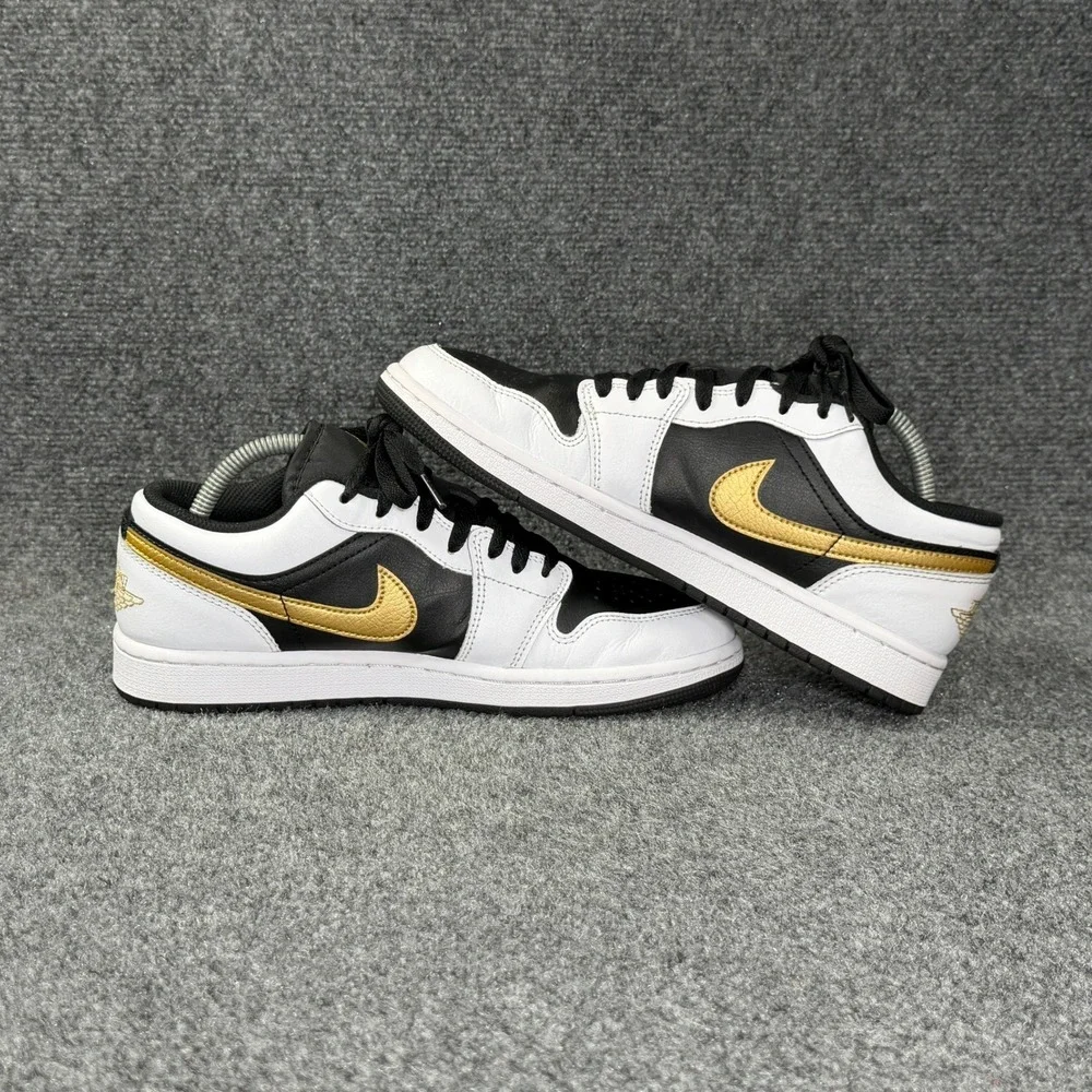 Jordan 1 Low Shoes Men's 8 White Black Metallic Gold Swoosh Athletic Sneakers